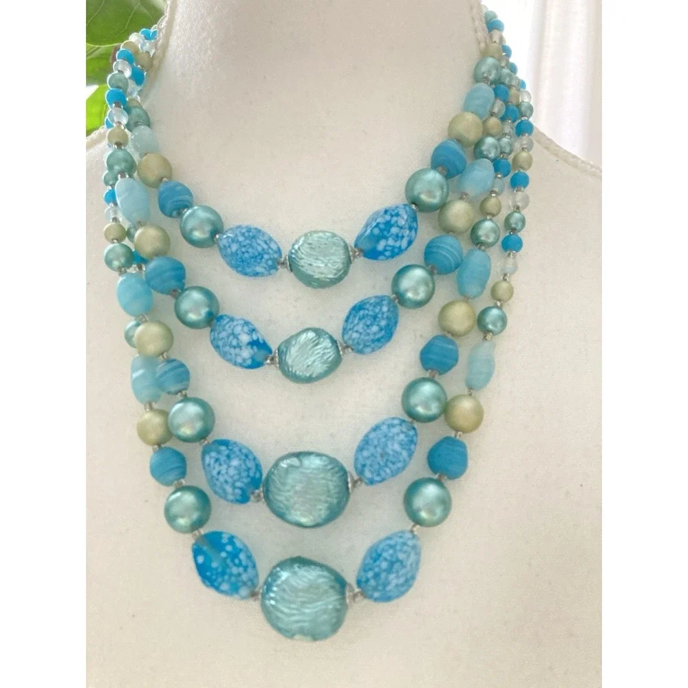 Vintage Aqua Blue Multi Strand Beaded Statement Necklace Art Glass Faux Pearl